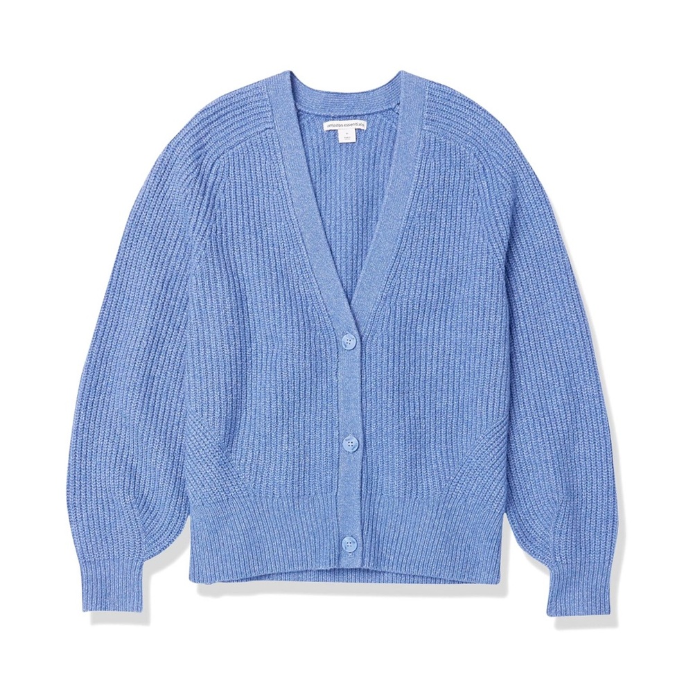 Amazon Essentials Blue Ribbed V-Neck Cardigan Sweater Blouson Sleeve Large